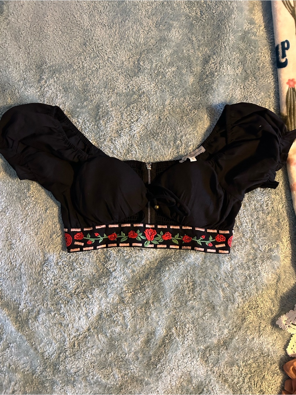 Black Puff Sleeve Crop Top with Red Rose Trim